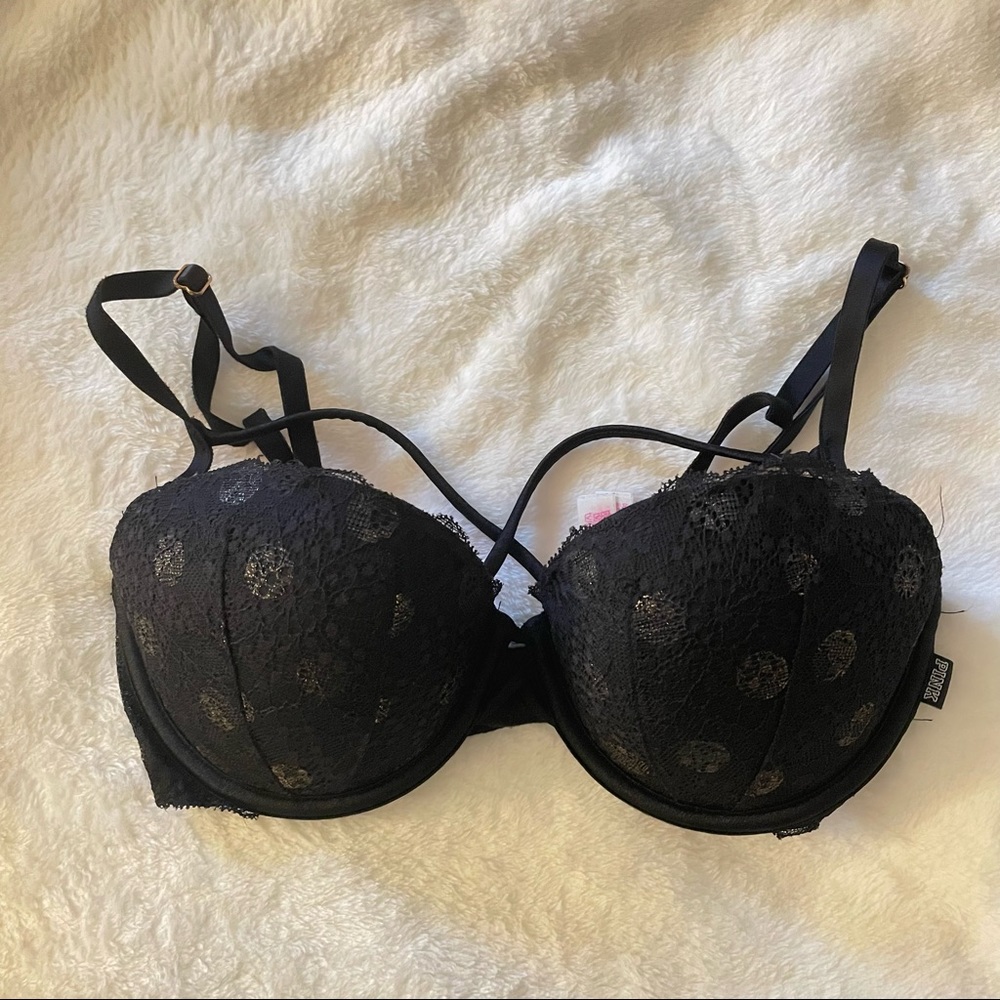 Victoria’s Secret PINK Date Strappy Front Push Up Bra, Black & Gold, 32C